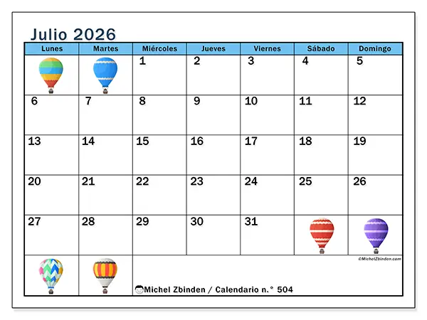 Calendario de julio de 2026 para imprimir - Globos aerostáticos