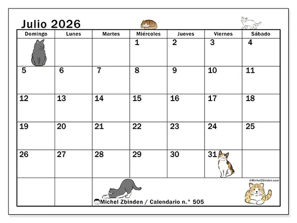 Calendario de julio de 2026 para imprimir - Vida de gato - Semana de domingo a sábado