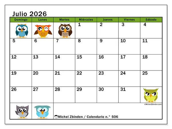 Calendario de julio de 2026 para imprimir - Búhos divertidos - Semana de domingo a sábado