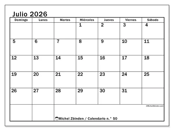 Calendario de julio de 2026 para imprimir - Planificación óptima - Semana de domingo a sábado