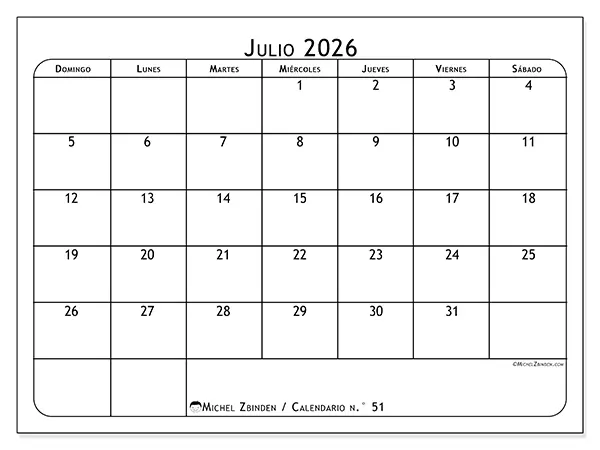 Calendario de julio de 2026 para imprimir - Planificador de comidas - Semana de domingo a sábado
