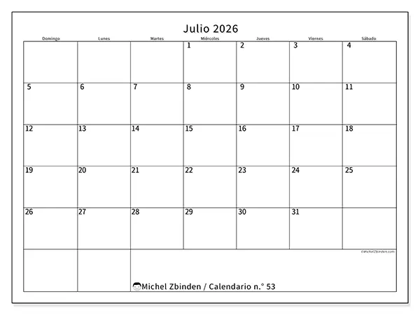 Calendario de julio de 2026 para imprimir - Horario eficiente - Semana de domingo a sábado