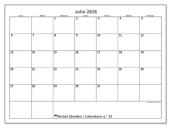 Calendario de julio de 2026 para imprimir - Horario eficiente