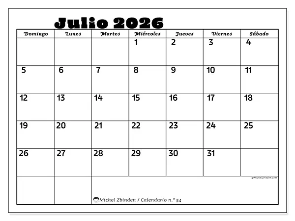 Calendario de julio de 2026 para imprimir - Actividades en familia - Semana de domingo a sábado