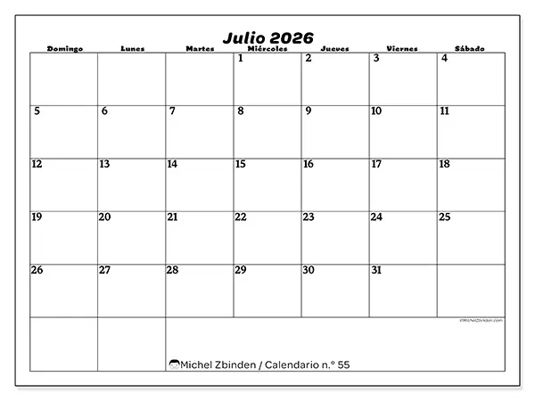 Calendario de julio de 2026 para imprimir - Organización del ocio - Semana de domingo a sábado