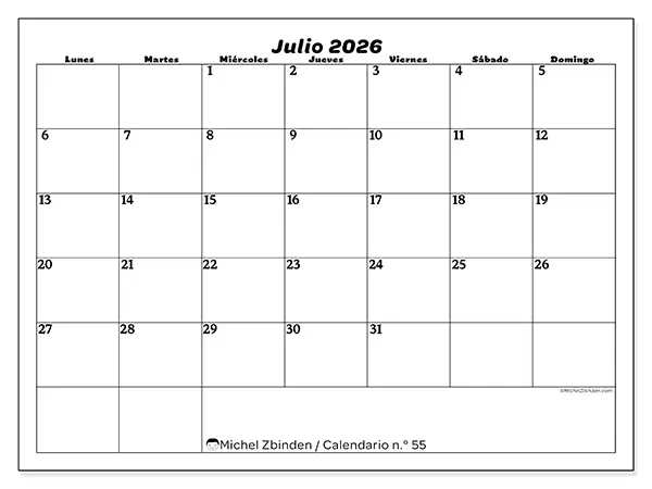 Calendario de julio de 2026 para imprimir - Organización del ocio