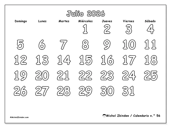Calendario de julio de 2026 para imprimir - Colorear útil - Semana de domingo a sábado