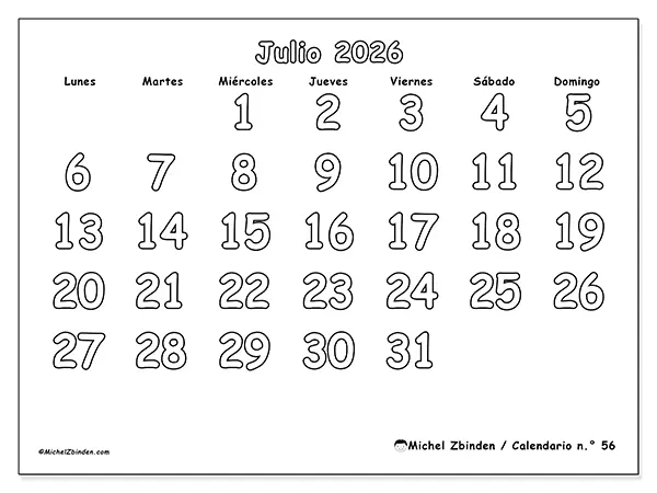 Calendario de julio de 2026 para imprimir - Colorear útil