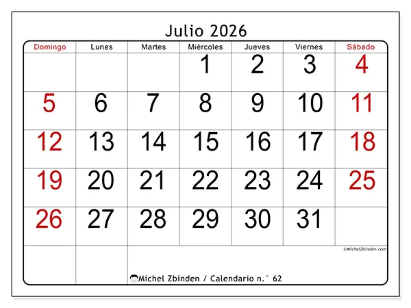 Calendario de julio de 2026 para imprimir - Lectura rápida - Semana de domingo a sábado