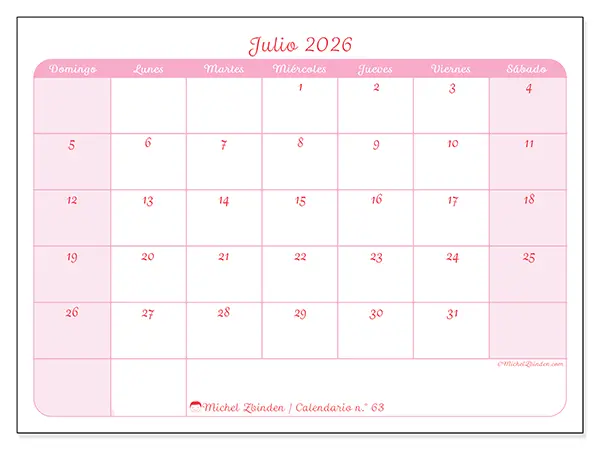 Calendario de julio de 2026 para imprimir - Organización en suavidad - Semana de domingo a sábado