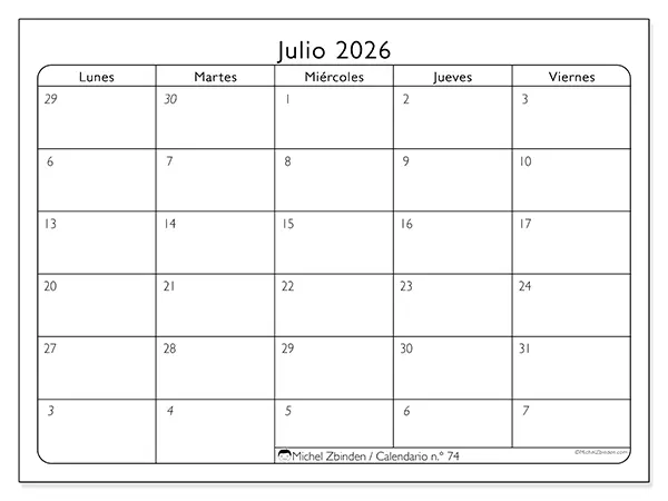 Calendario de julio de 2026 para imprimir - Organización del trabajo