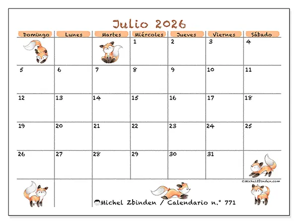Calendario de julio de 2026 para imprimir - Dibujos de zorros - Semana de domingo a sábado