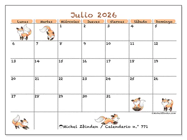 Calendario de julio de 2026 para imprimir - Dibujos de zorros