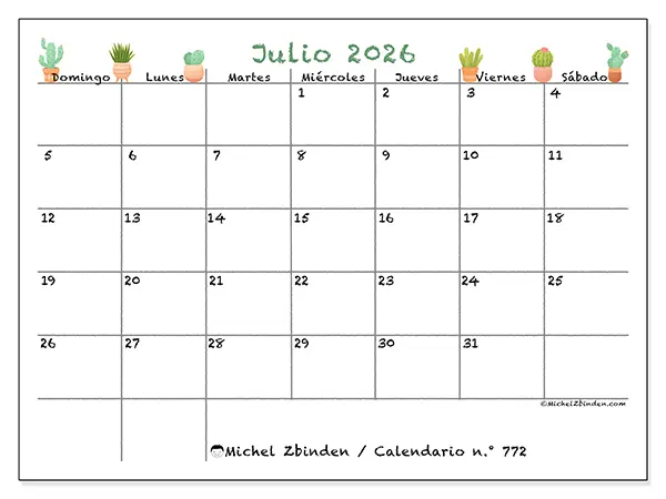 Calendario de julio de 2026 para imprimir - Cactus decorativos - Semana de domingo a sábado