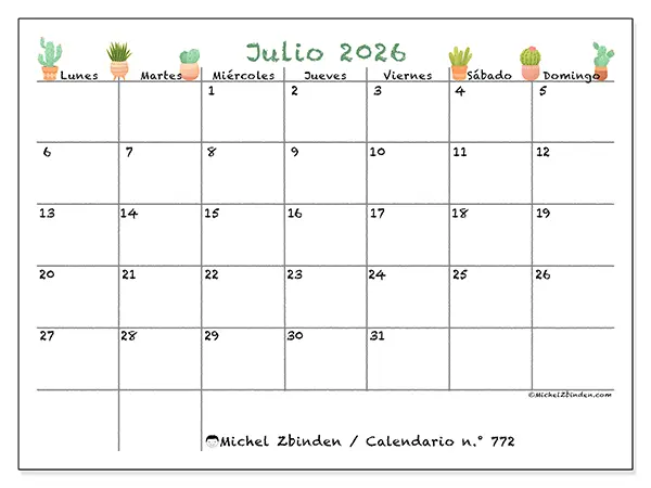Calendario de julio de 2026 para imprimir - Cactus decorativos