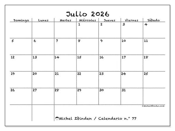 Calendario de julio de 2026 para imprimir - Escuela y familia - Semana de domingo a sábado