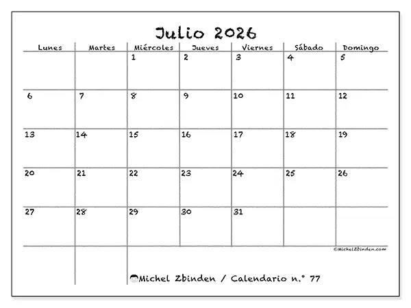 Calendario de julio de 2026 para imprimir - Escuela y familia