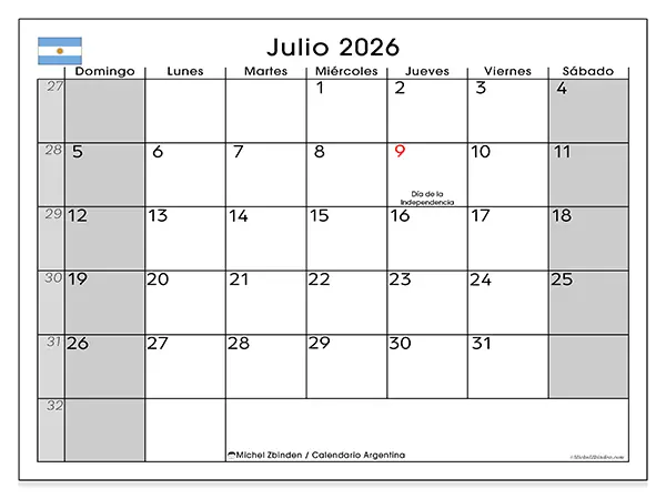 Calendario de julio de 2026 para imprimir - Argentina