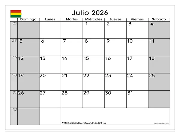 Calendario de julio de 2026 para imprimir - Bolivia