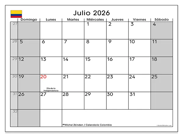 Calendario de julio de 2026 para imprimir - Colombia