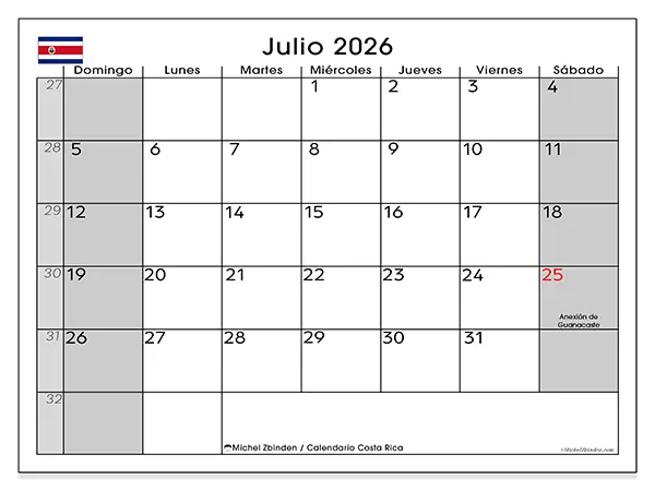 Calendario de julio de 2026 para imprimir - Costa Rica