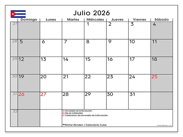 Calendario de julio de 2026 para imprimir - Cuba