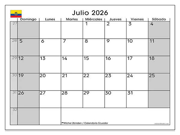 Calendario de julio de 2026 para imprimir - Ecuador