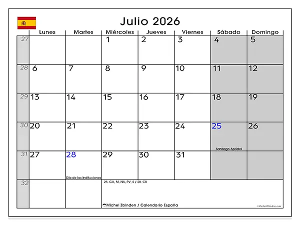 Calendario de julio de 2026 para imprimir - España