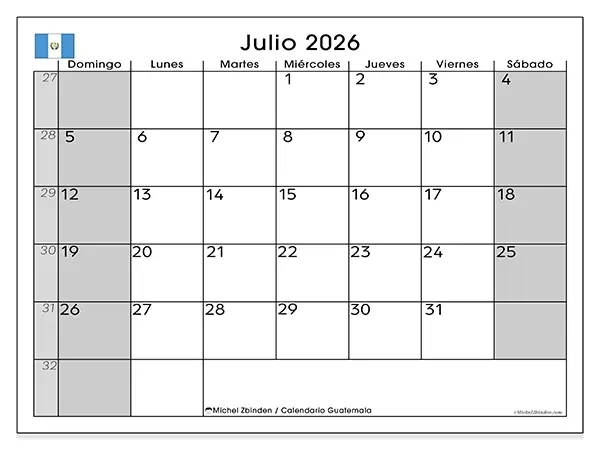 Calendario de julio de 2026 para imprimir - Guatemala
