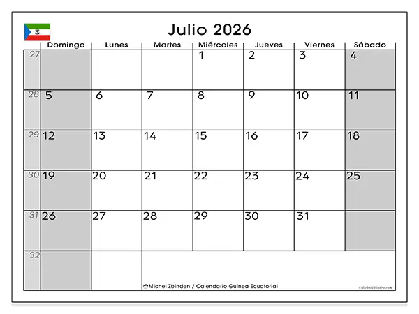 Calendario de julio de 2026 para imprimir - Guinea Ecuatorial