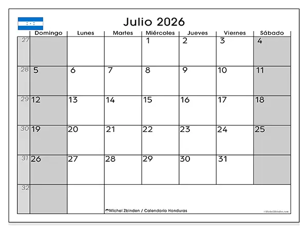 Calendario de julio de 2026 para imprimir - Honduras