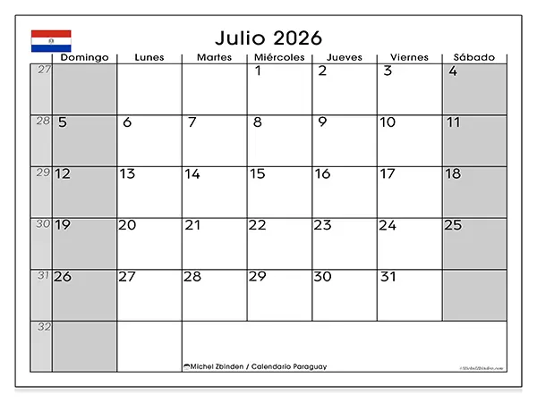 Calendario de julio de 2026 para imprimir - Paraguay