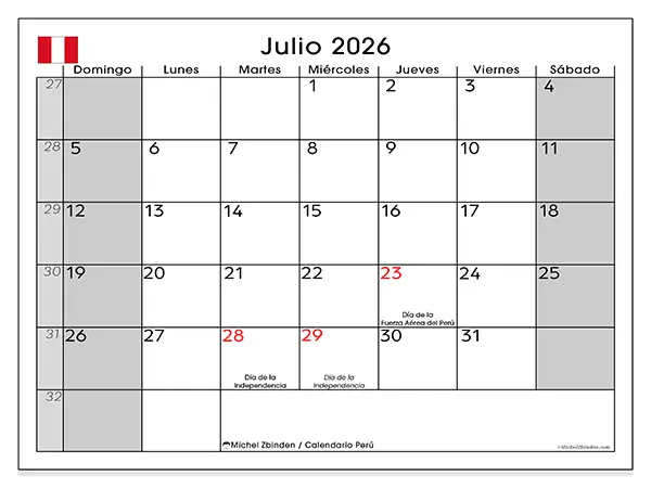 Calendario de julio de 2026 para imprimir - Perú