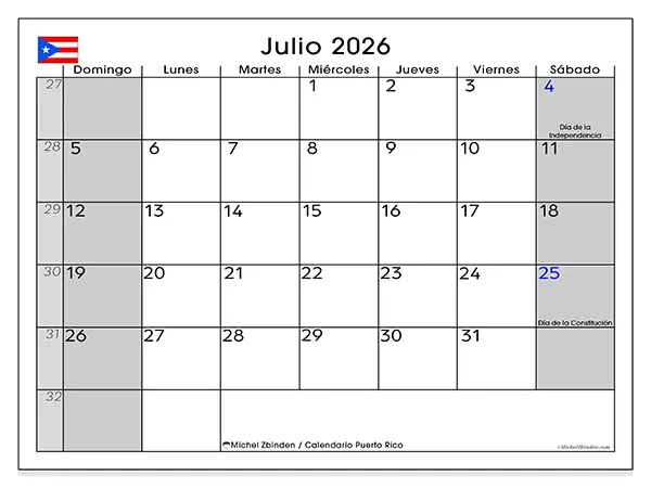 Calendario de julio de 2026 para imprimir - Puerto Rico