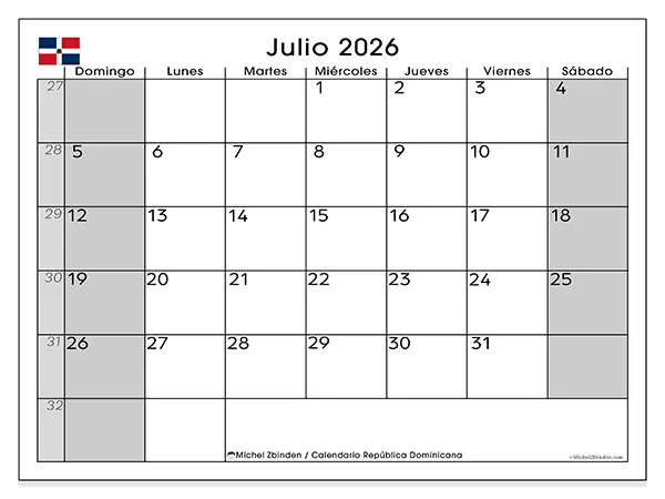 Calendario de julio de 2026 para imprimir - República Dominicana
