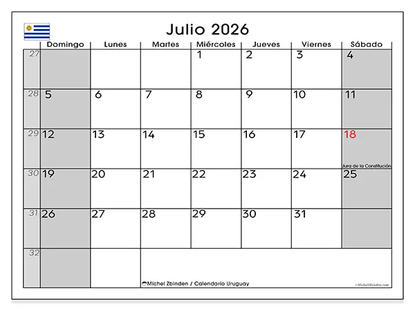 Calendario de julio de 2026 para imprimir - Uruguay