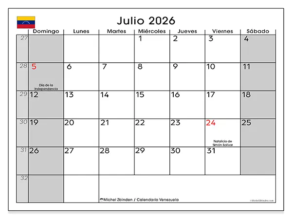 Calendario de julio de 2026 para imprimir - Venezuela