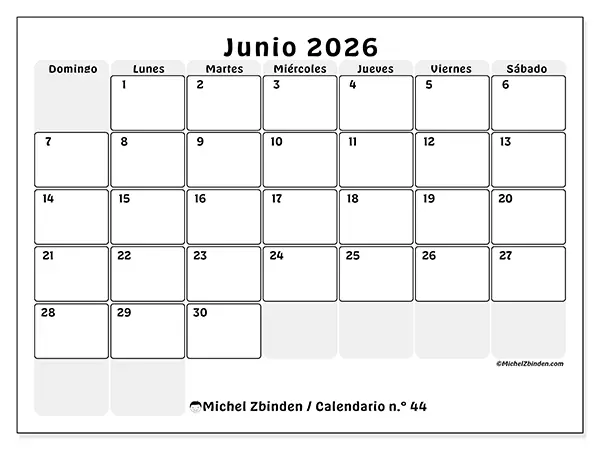 Calendario de junio de 2026 para imprimir - Planificación estructurada - Semana de domingo a sábado