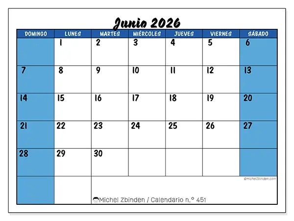 Calendario de junio de 2026 para imprimir - Organización dinámica - Semana de domingo a sábado