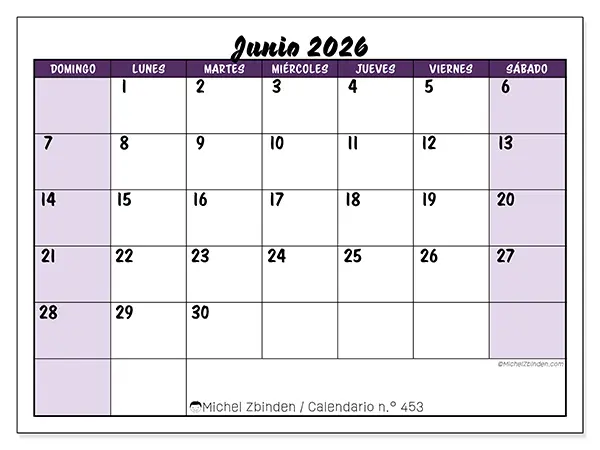 Calendario de junio de 2026 para imprimir - Eficiencia colorida - Semana de domingo a sábado