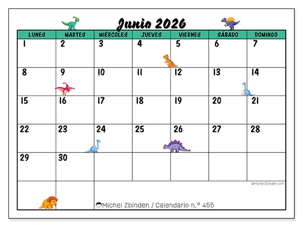 Calendario de junio de 2026 para imprimir - Pequeños dinosaurios