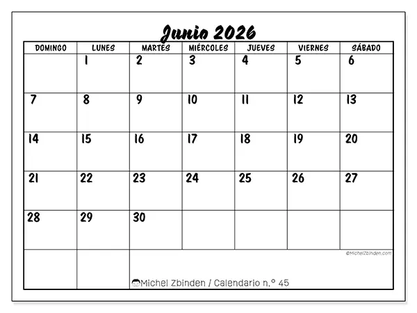 Calendario de junio de 2026 para imprimir - Éxito escolar - Semana de domingo a sábado