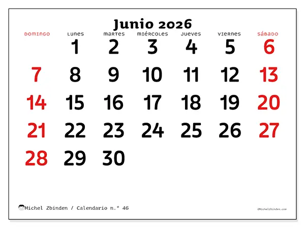 Calendario de junio de 2026 para imprimir - Visión clara - Semana de domingo a sábado
