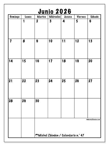 Calendario de junio de 2026 para imprimir - Planificación eficiente - Semana de domingo a sábado