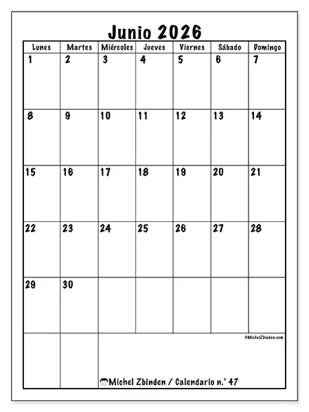 Calendario de junio de 2026 para imprimir - Planificación eficiente