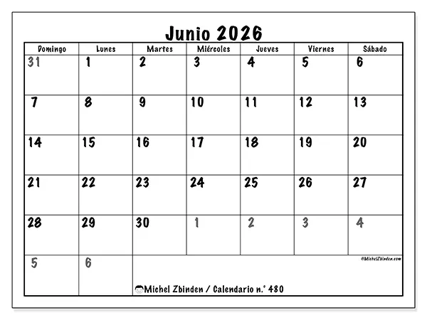Calendario de junio de 2026 para imprimir - Planificación completa - Semana de domingo a sábado