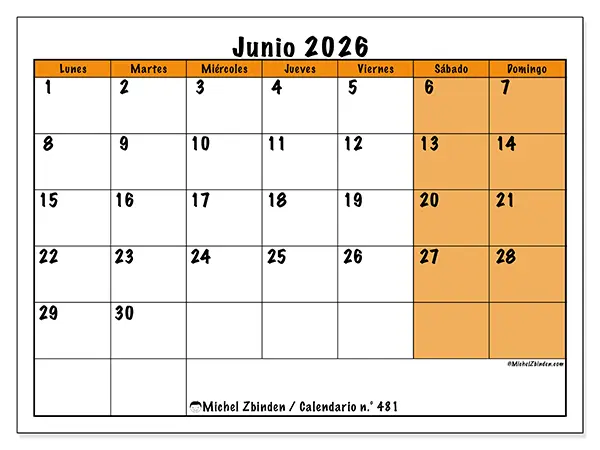 Calendario de junio de 2026 para imprimir - Planificación dinámica