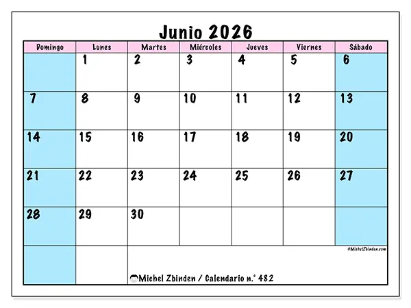 Calendario de junio de 2026 para imprimir - Horario de equipo - Semana de domingo a sábado