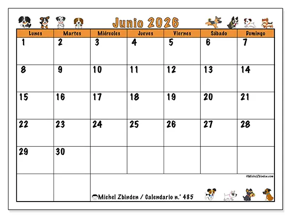 Calendario de junio de 2026 para imprimir - Perros entusiastas