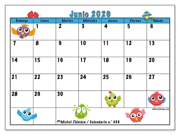 Calendario de junio de 2026 para imprimir - Pájaros divertidos - Semana de domingo a sábado